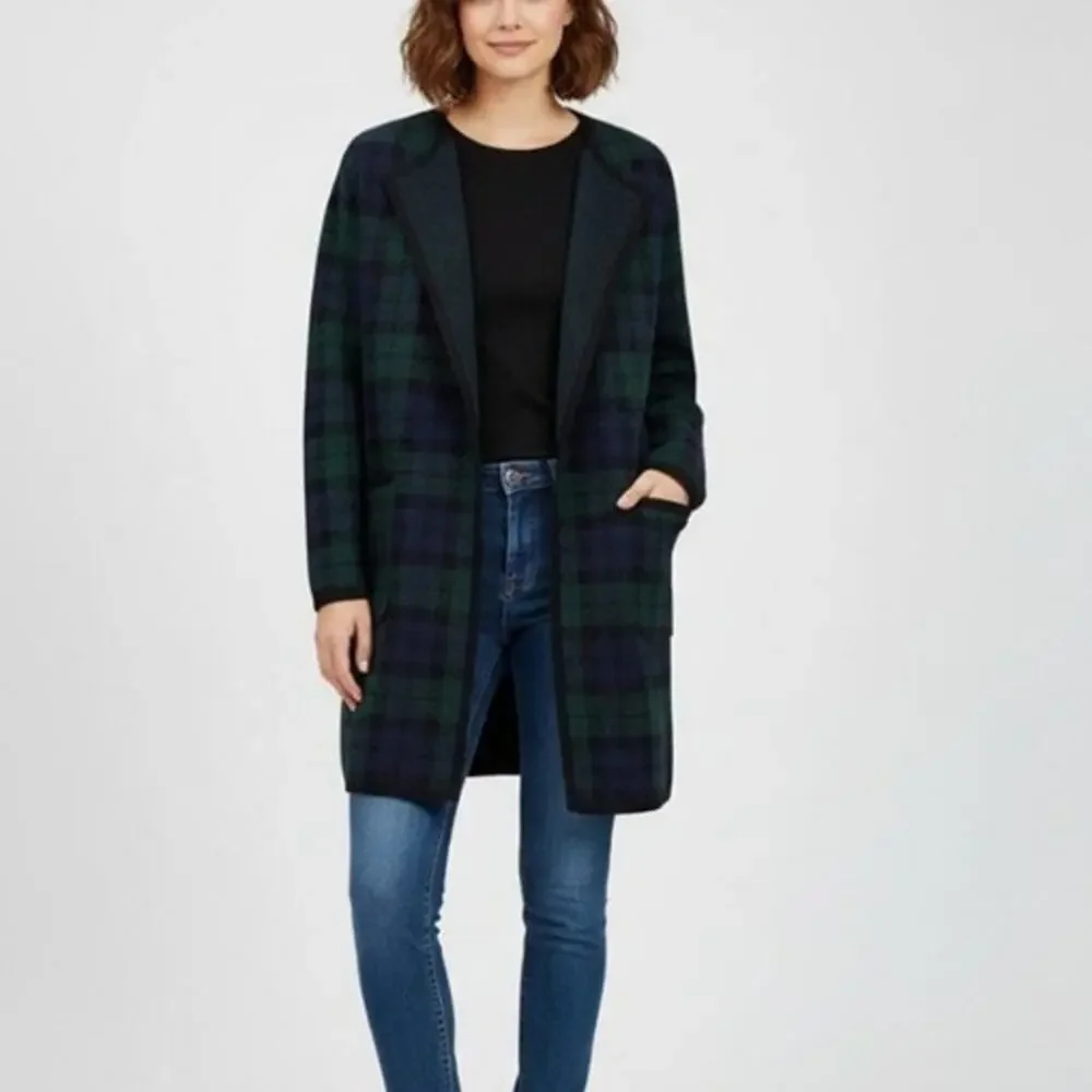 J.Crew Plaid Tartan Long Cardigan Sweater Wool Blend Green Blue S Preppy
